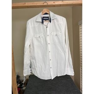 32 Bar‎ Blues Shirt Men Small White Pearl Snap Seersucker Western Cowboy Beachy